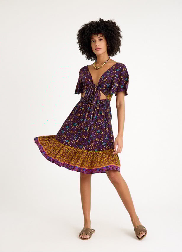 Border Hem Detail Tie Front Purple Floral Summer Dress